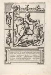 Alívio com Mithras ajoelhado em um touro e enfiando uma espada em seu ombro, à esquerda, tw ..., 1564.