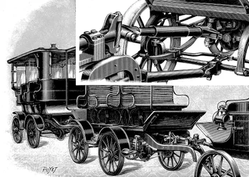 Renarda o trem de automóvel, mostrando o acoplamento superior direito e um trem de vagões, 1904