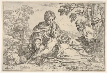Descanse na fuga para o Egito, Maria segurando o bebê Cristo com São José ..., ca. 1640 ou depois.