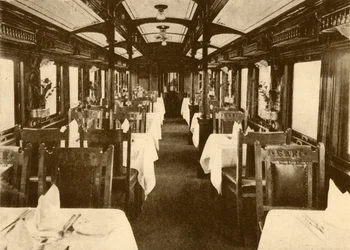Carro de restaurante em um trem interurbano, ferrovias sul-africanas, 1930.