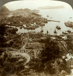 Restaurando uma cidade queimada - Aalesund, um porto da ilha e importante mercado de bacalhau, Noruega, c1905.