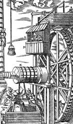 Talha reversível para elevar baldes de couro de um poço de mina, 1556