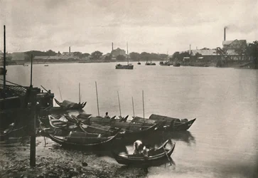 Moinhos de arroz no riacho Poozoondoung, Rangoon, 1900.