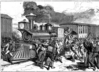 Motim por trabalhadores ferroviários em Martinsburg na Ferrovia Baltimore-Ohio, EUA, 1877