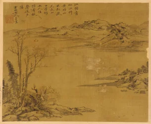Paisagem do rio: árvores e casas em primeiro plano, possivelmente dinastia Yuan, 1279-1368.