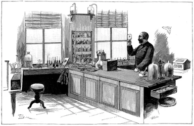 Robert Koch 1843-1910, bacteriologista alemão e médico em seu laboratório