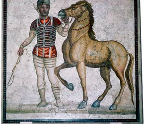 Mosaico romano de um cocheiro com cavalo