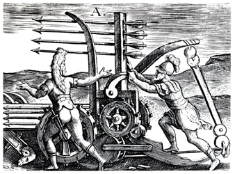 Soldados romanos usando um motor de guerra disparando várias flechas, 1605