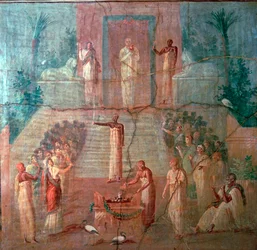 Pintura de parede romana de sacerdotes de Ísis adorando, século I