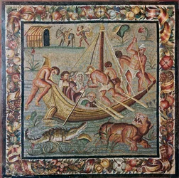 Mosaico da parede romana de um ferry-boat, século I