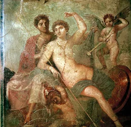 Pintura de parede romana de Cupido, Vênus e Marte, Pompéia, Itália