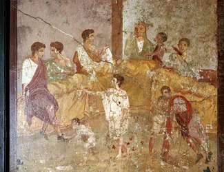 Pintura de parede romana de um jantar, Pompeia, Itália
