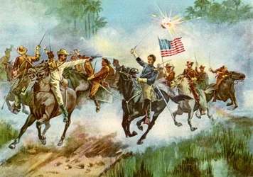 Rough Riders carimbando um posto avançado espanhol, Cuba, Guerra Hispano-Americana, 1898