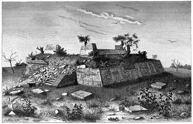 Ruínas dos degraus da pirâmide de Xochicalco, México, 1901