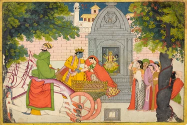 Rukmini foge com Krishna, fólio de um Bhagavata Purana, ca. 1780.