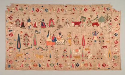 Rumal decorado com cenas da vida de Krishnas, década de 1700.