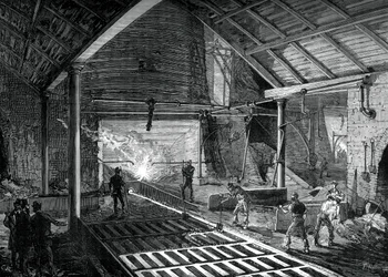 Executando o ferro fundido nos porcos, c1880