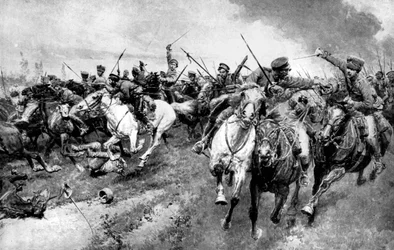 Cossacos russos atacando exército alemão, Prússia Oriental, Primeira Guerra Mundial, 1914