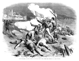 Soldados russos disparando contra uma tripulação de barcos ingleses, sob a proteção de uma bandeira de trégua, 1855