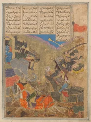 Rustam Battles Sava, Folio de um Shahnama Book of Kings, século XV.