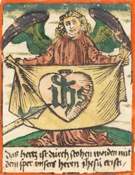 Monograma Sagrado em um Sagrado Coração em um Pano Segurado por um Anjo, c. 1480.