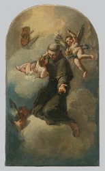 Santo Antônio em uma nuvem cercada por anjos