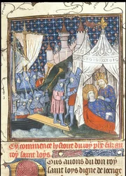 Saint Louis morreu durante sua segunda cruzada em Tunis. Das Cronicas da França ou de St Denis, depois de 1380