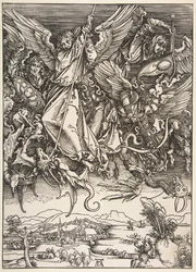 São Miguel lutando contra o dragão, de The Apocalypse, 1498.