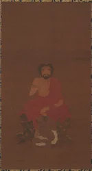 Sakyamuni assentado sobre três criaturas semelhantes a demônios, possivelmente Yuan até o início da dinastia Ming, 14-15 cen