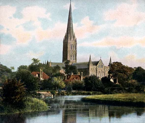 Catedral de Salisbury, vista do rio Avon, Salisbury, Wiltshire, início do século XX