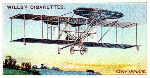 Samuel Franklin Cody, aviador britânico de origem americana, voando com o Cody Biplane c1909