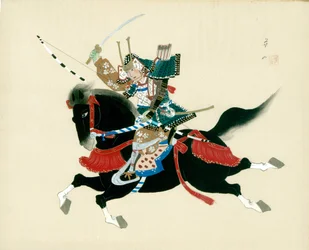 Guerreiro samurai a cavalo. Pintura japonesa sobre seda, num estilo japonês tradicional