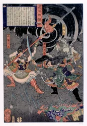 Samurai lutando contra macacos, século XIX