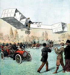 Santos-Dumont fazendo o primeiro vôo de avião motorizado na Europa, Paris, 1906