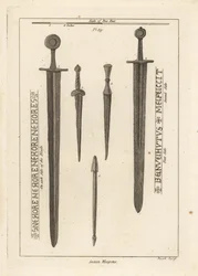 Armas saxônicas: antiga espada de ferro 1,2, e dirks e daggers 3,4 encontrados no rio Wytham, Lincolnshire, e um parafuso de besta encontrado no acampamento em Danbury, Essex 5