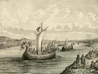 Embarcações escandinavas que ascendem a um rio, 1890.