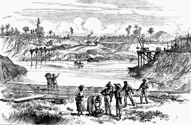 Cena da tentativa de De Lesseps de cavar o Canal do Panamá, 1888