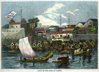 Cena no rio em Canton, China, c1840
