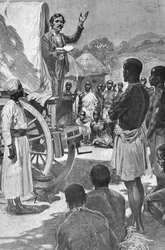 Explorador e missionário escocês David Livingstone pregando em uma carroça, África, século XIX