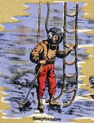 Fato de mergulho. Alfabeto ilustrado. Imagens reunidas em Jarville-Nancy, início do século XX. Dimensões: 40 x 29 cm. Litografia sobre fundo de bistre.