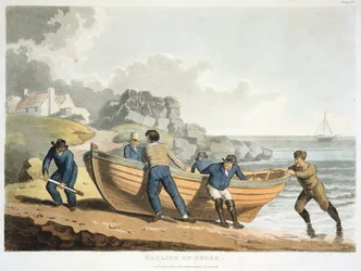 Marinheiros que transportam um bote construído em clínquer na praia, 1821