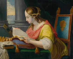 Saint Catherine estudando sentado
