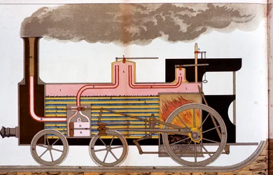 Vista secional de uma locomotiva ferroviária a vapor de meados do século XIX, 1882