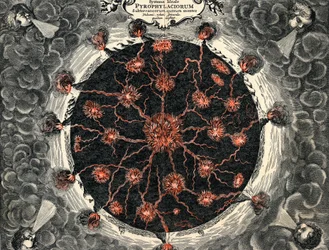Vista secional da Terra, mostrando o fogo central e vulcões, 1665