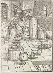 Separação de minérios de ouro e mercúrio - Gravura da descrição dos minérios e principais métodos de mineração, por Lazarus Ecker