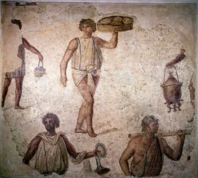 Servos ou escravos fazendo preparativos para uma festa, mosaico, Cartago, século II