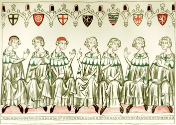 Sete Príncipe Eleitores votando em Henrique VII, Sacro Imperador Romano Cópia de uma miniatura do Balduineum, 1341