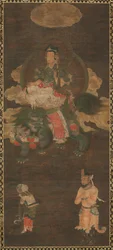 Tríade Shakyamuni: Buda com a presença de Manjushri e Samantabhadra Bodhisattva com Leão, final dos anos 1300