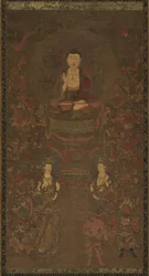 Tríade Shakyamuni com os dezesseis protetores do Sutra da Grande Sabedoria, 1300s.