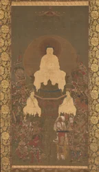 Tríade Shakyamuni com os Dezesseis Protetores do Sutra da Grande Sabedoria, final do século XIV.